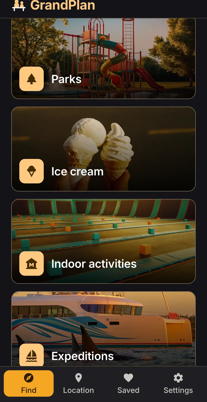 GrandPlan home screen showing four large photo cards, one per kind of outing: Parks, Ice cream, Indoor activities, and Expeditions — a whale-watching catamaran on the Expeditions card.
