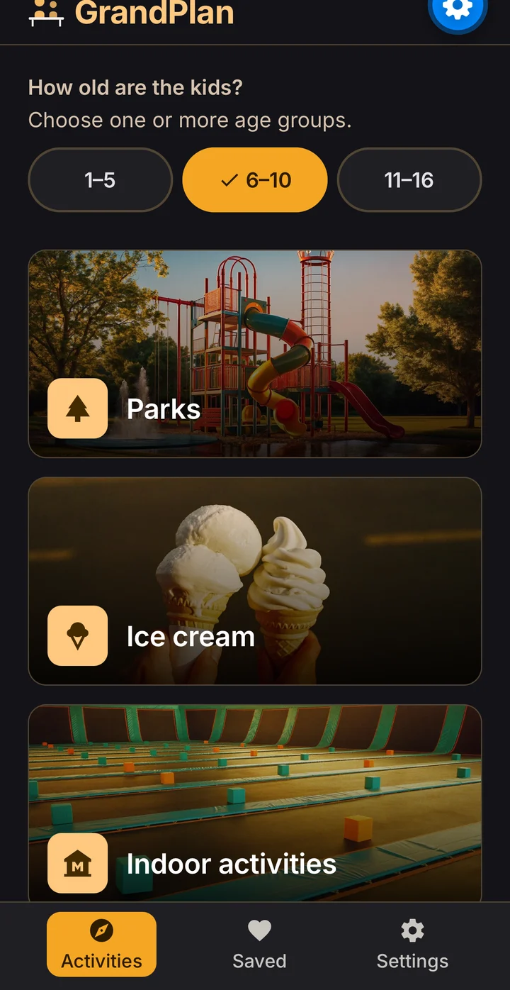 GrandPlan home screen: age group buttons and the three categories