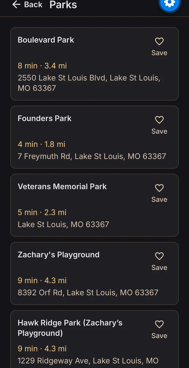 GrandPlan results screen: five vetted parks near Lake St Louis, Missouri